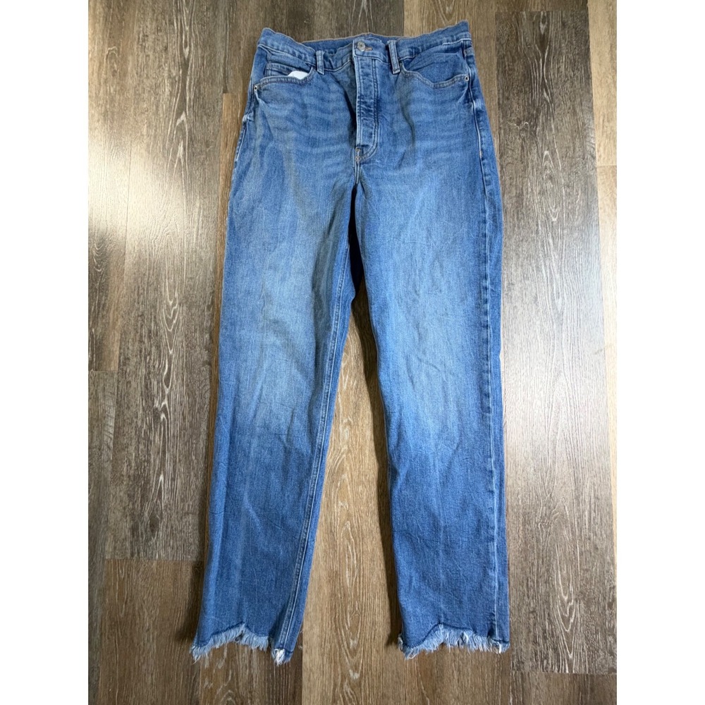 Old Navy Sky-Hi Straight Jeans Womens 12 Tall Blue Raw Hem Extra High Rise